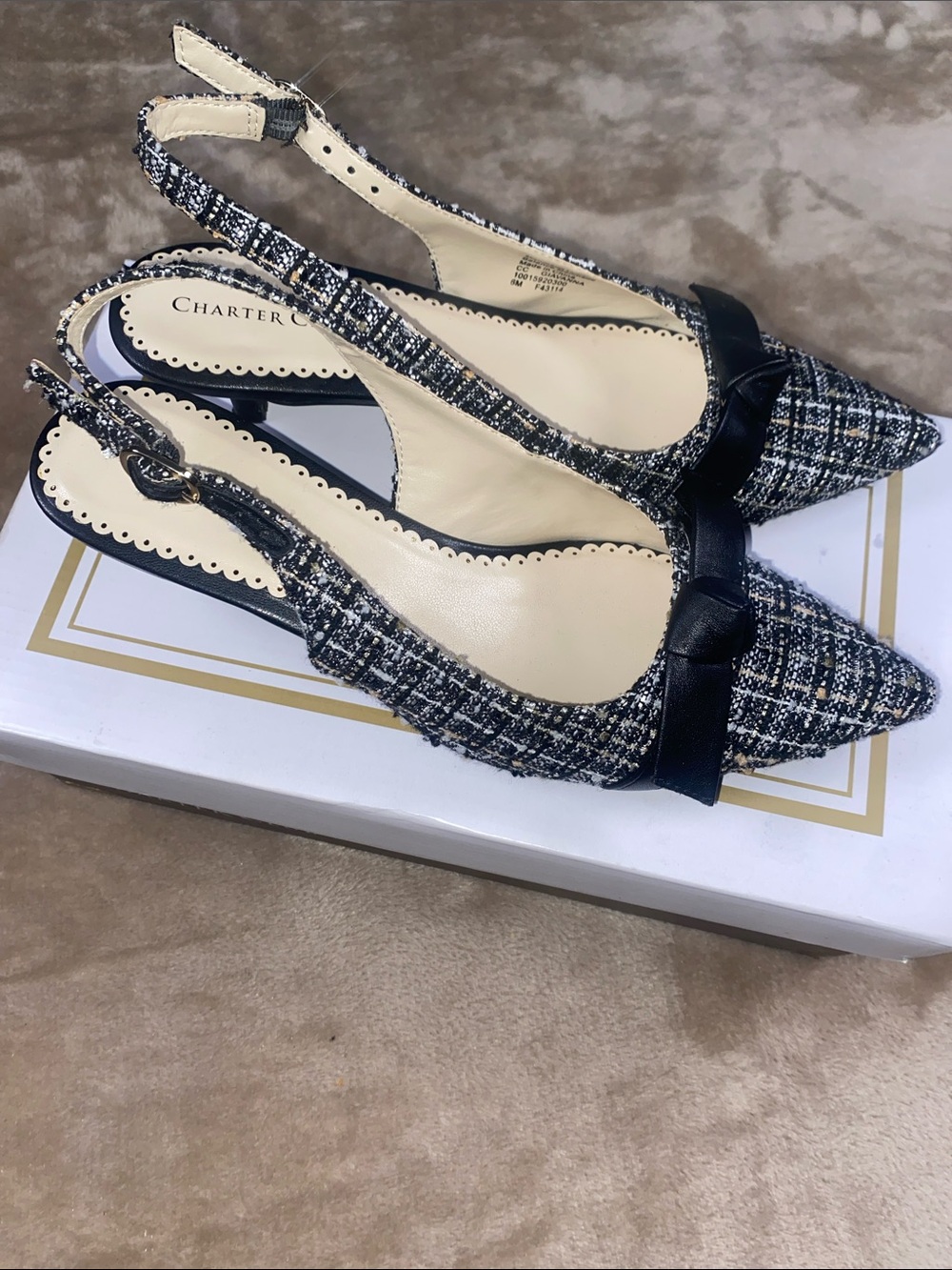 NIB Charter Club Black & White Tweed Pointed Slingback heels